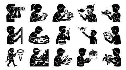 Fototapeta premium Black White Glyph Icons: Kids Science, Nature Exploration, and Discovery Activities Set