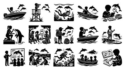 Obraz premium Black White Glyph Silhouettes: Dolphin Interaction, Marine Life Education, and Conservation Vector Icons