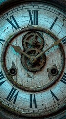Obraz premium Close-up of a weathered clock face with peeling paint and rusty gears. A symbol of time passing and decay. Perfect for vintage themes and historical concepts.