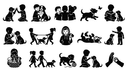 Fototapeta premium Children and Dogs Silhouette Vector Art Set: Illustrating Pet Care, Playtime, Training, and Unconditional Love.
