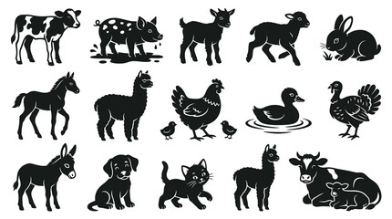 Obraz premium Black and White Farm and Domestic Animals Silhouette Set - Agriculture, Livestock Pets Vector Glyphs