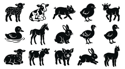 Obraz premium Black and White Silhouette Farm Baby Animals Glyph Icon Set - Cute Domestic Livestock Vector Collection