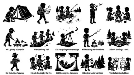 Obraz premium Camping Adventures: Kids Enjoying Nature Activities - Black White Icon Set