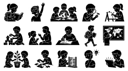 Fototapeta premium Black White Line Art of Children Learning and Studying in Various Activities