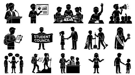 Obraz premium Black White Vector Icons: Education, Leadership, Student Activities School Life