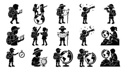Naklejka premium Set of Black and White Silhouette Icons: Kids Exploring the World with Maps and Compasses