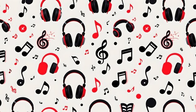 The image features a lively pattern of musical elements on a white background, with multiple pairs of black and red over ear headphones prominently displayed