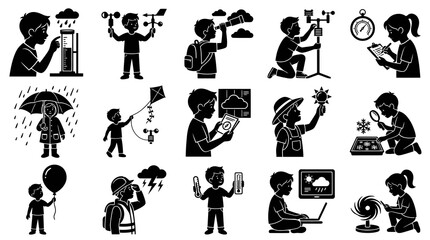 Obraz premium Black and White Glyph Icons of Children Studying Meteorology and Weather Phenomena