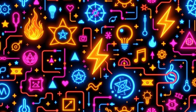 The image features a vibrant, neon colored pattern on a black background, filled with various glowing icons and symbols