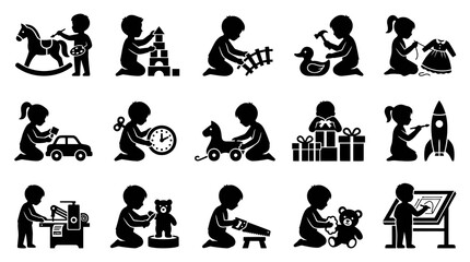 Obraz premium Children Playing with Toys Activities Glyph Icon Set for Childhood Education Development
