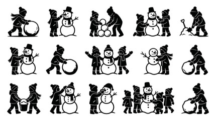 Naklejka premium Black White Line Art Children Building Snowman, Winter Activity Icons