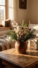 Fototapeta premium Rustic clay vase with pine branches and dried flowers stands on a wooden table in sunlight. Cozy winter interior scene with warm atmosphere. Perfect for hygge lifestyle and decor concepts.