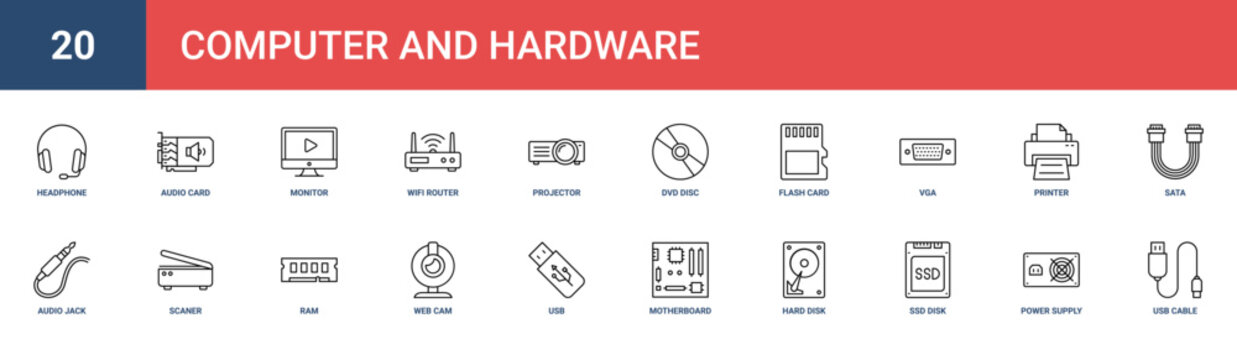 Set of 20 outline web Computer and Hardware icons such as usb cable, power supply, ssd disk, hard disk, motherboard, usb, web cam vector icons for report, presentation, diagram, web design, mobile