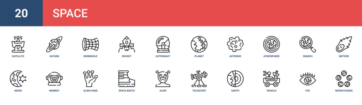 Set of 20 outline web Space icons such as moon phases, eye, vehicle, earth, telescope, alien, space boots vector icons for report, presentation, diagram, web design, mobile app