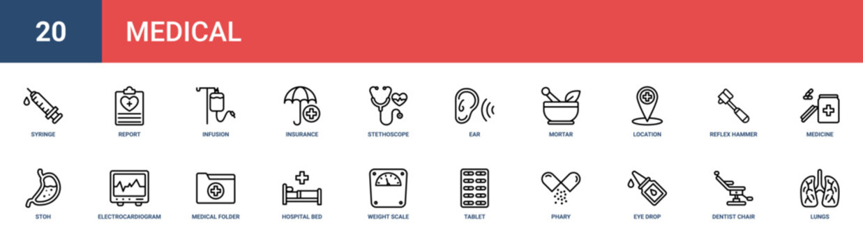Set of 20 outline web Medical icons such as lungs, dentist chair, eye drop, phary, tablet, weight scale, hospital bed vector icons for report, presentation, diagram, web design, mobile app