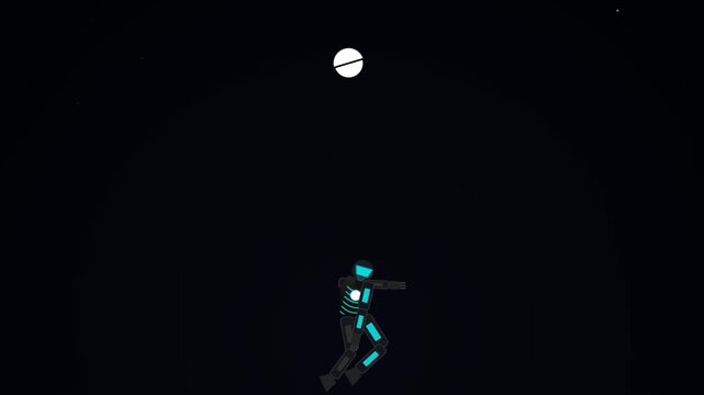 Glowing blue futuristic cyborg stick figure performing a super spike attack in dark cyberspace creating a bright energy burst and sweeping light beam