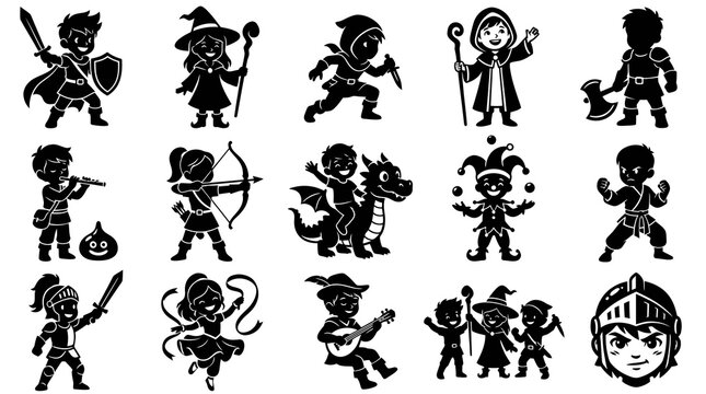 Fantasy RPG Medieval Character Silhouettes Set - Black and White Glyph Vector Icons
