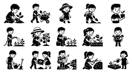 Obraz premium Black White Line Art Illustrations of Happy Kids Gardening, Planting, and Harvesting Vegetables