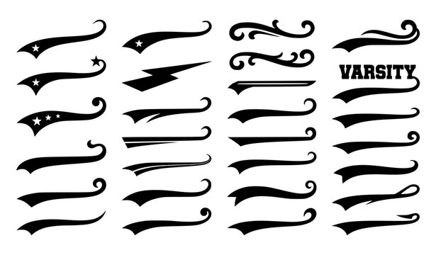 Athletic typography tail collection with varsity lettering football logo swashes and retro sports banner vector graphics