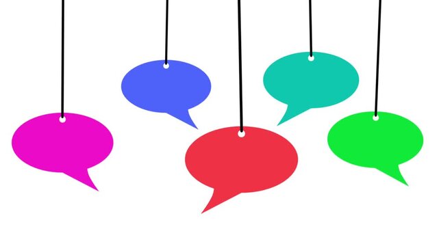 Colorful speech bubbles hanging from strings drop down, gently sway back and forth, and pull upward on a white background.