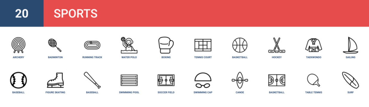 Set of 20 outline web Sports icons such as surf, table tennis, basketball court, canoe, swimming cap, soccer field, swimming pool vector icons for report, presentation, diagram, web design, mobile