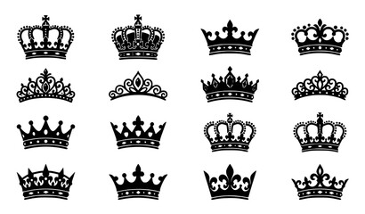 Black royal crown collection with majestic king queen tiara heraldic coronet and luxury vector silhouette icons © Mst Jui