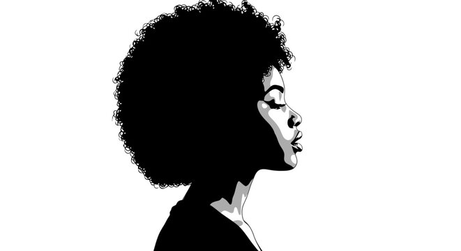 Profile of a woman with afro hair depicted as a black silhouette against a white background silhouette
