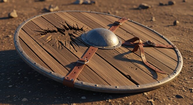 Vintage wooden viking shield with metal boss and leather straps, battle-worn and damaged, resting on sandy ground.