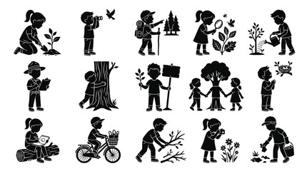 Obraz premium Children Environmental Care Black White Silhouettes of Activities