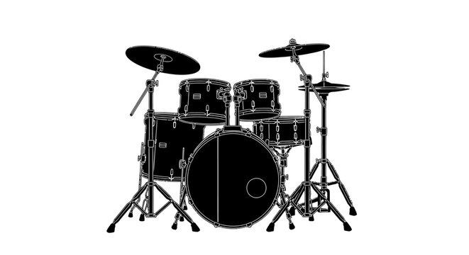 A complete drum set depicted as a black and white line art silhouette drumset drums percussion instrument