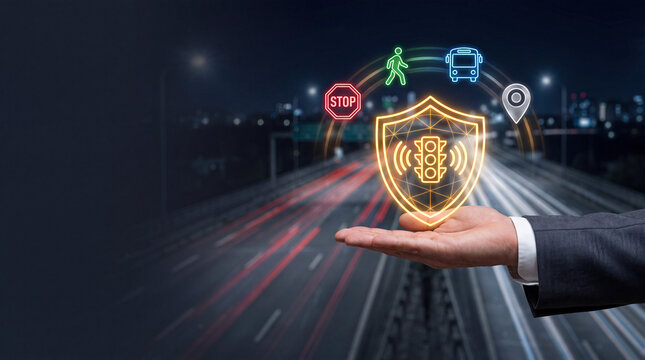 Smart traffic management concept. Digital shield protecting city road infrastructure system.