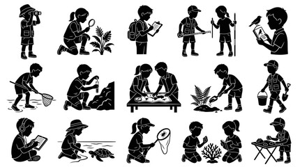 Obraz premium Children's Outdoor Education and Science Exploration Silhouette Vector Icon Set