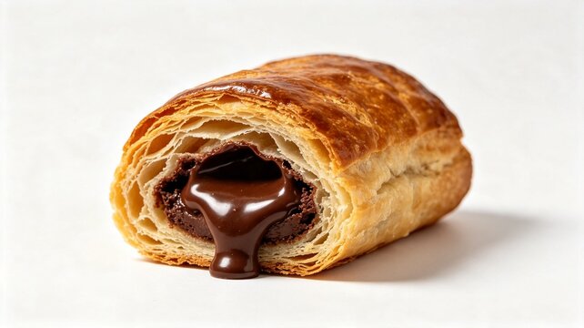 A golden, flaky pain au chocolat cut open to reveal a rich, molten chocolate center oozing out onto a clean white background.