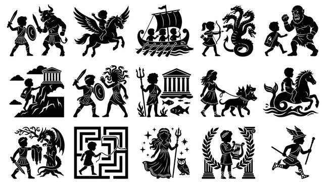 Greek Mythology Gods, Heroes, and Creatures Black  White Silhouette Icons Set. Ancient Legend Vector Glyphs.