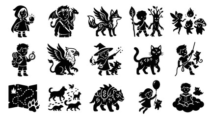 Fototapeta premium Fantasy Black and White Glyph Icons of Magical Creatures and Characters