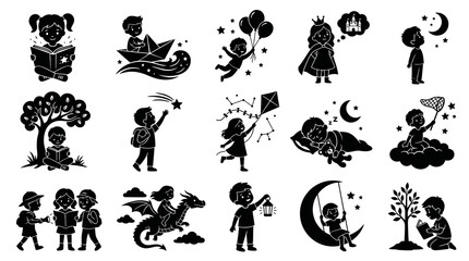 Naklejka premium Children Imagination Education Black White Glyph Silhouettes: Kids Reading, Dreaming Playing Icons Set