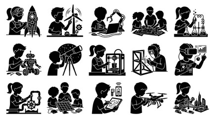 Fototapeta premium Black and White Glyph Vector Icons Set: Children Learning STEM Education Future Technology Activities.