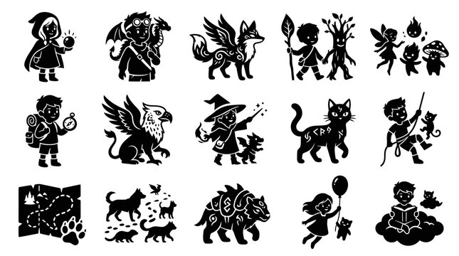 Fantasy Black and White Glyph Icons of Magical Creatures and Characters