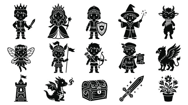 Fantasy Fairy Tale Characters  Creatures Black and White Glyphs Vector Icons Set for Kids Stories  RPG