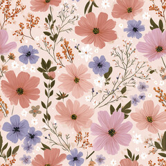 Obraz premium Soft blush pink and lavender floral pattern with green leaves and delicate branches