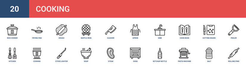 Fototapeta premium Set of 20 outline web Cooking icons such as rolling pins, salt, pasta machine, ketchup bottle, oven, steak, soup vector icons for report, presentation, diagram, web design, mobile app