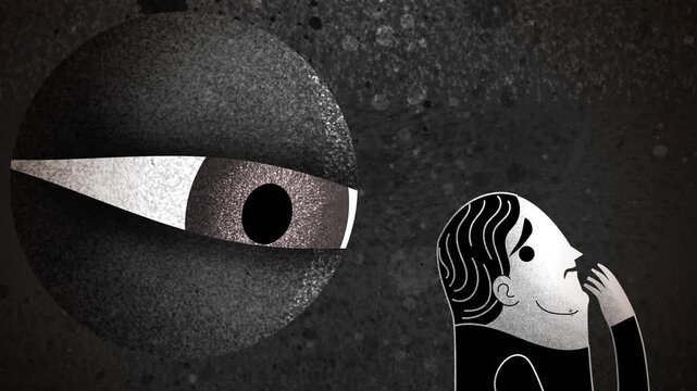 person with paranoia feeling watched by a giant eye representing persecutory delusions