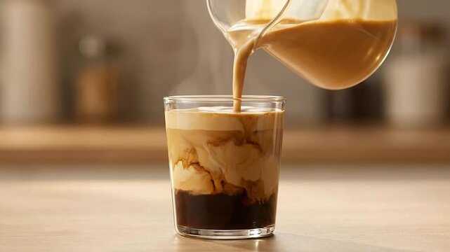 Creamy beverage being poured into a clear glass on a wooden table