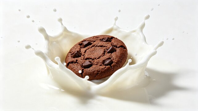 A dark chocolate chip cookie creates a dramatic crown-shaped splash as it dunks into fresh white milk, captured in high-speed studio photography.