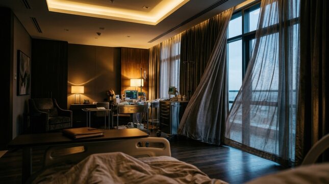 Modern Hospital Room With Medical Equipment And Window View