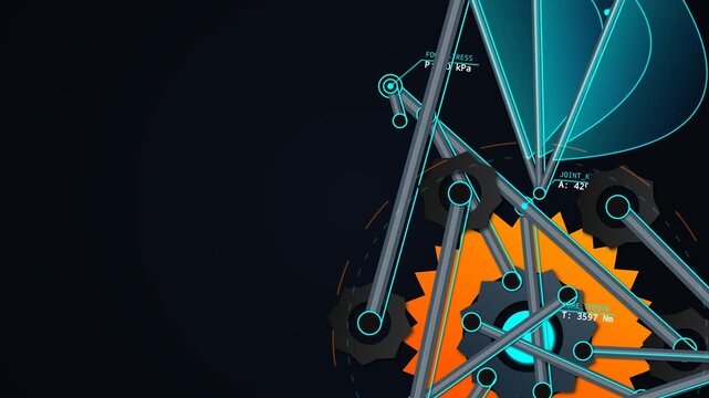 Futuristic 3D animation of a mechanical windwalker structure showing engineering data like joint kinematic, wind tension, foot stress, and core torque with moving gears