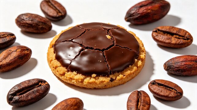 A circular cookie with cracked chocolate icing surrounded by roasted coffee beans and cacao pods on a clean white background.