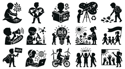 Naklejka premium Glyph Vector Icons: Children Education, Environmental Protection Social Responsibility. Kids Learning Community Support Silhouettes.