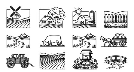Set of black and white farm icons featuring rustic landscapes windmills barns cows and rural elements for agricultural design projects © aliful