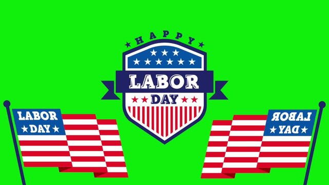 Labor Day celebration with festive banners and checkered flags. Workers enjoying outdoor event in bright sunlight.